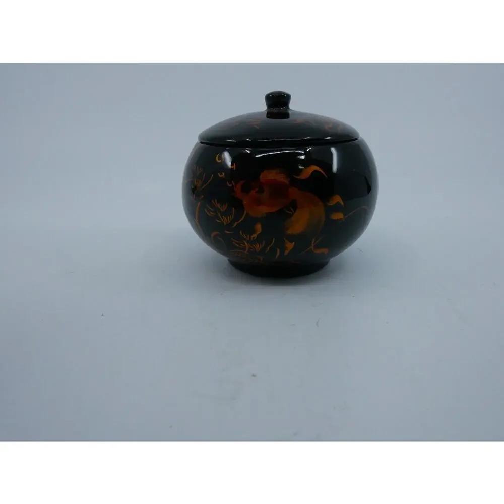 Round Lidded Lacquer Trinket Box Fancy Goldfish Hand Painted Designs Black Gloss
